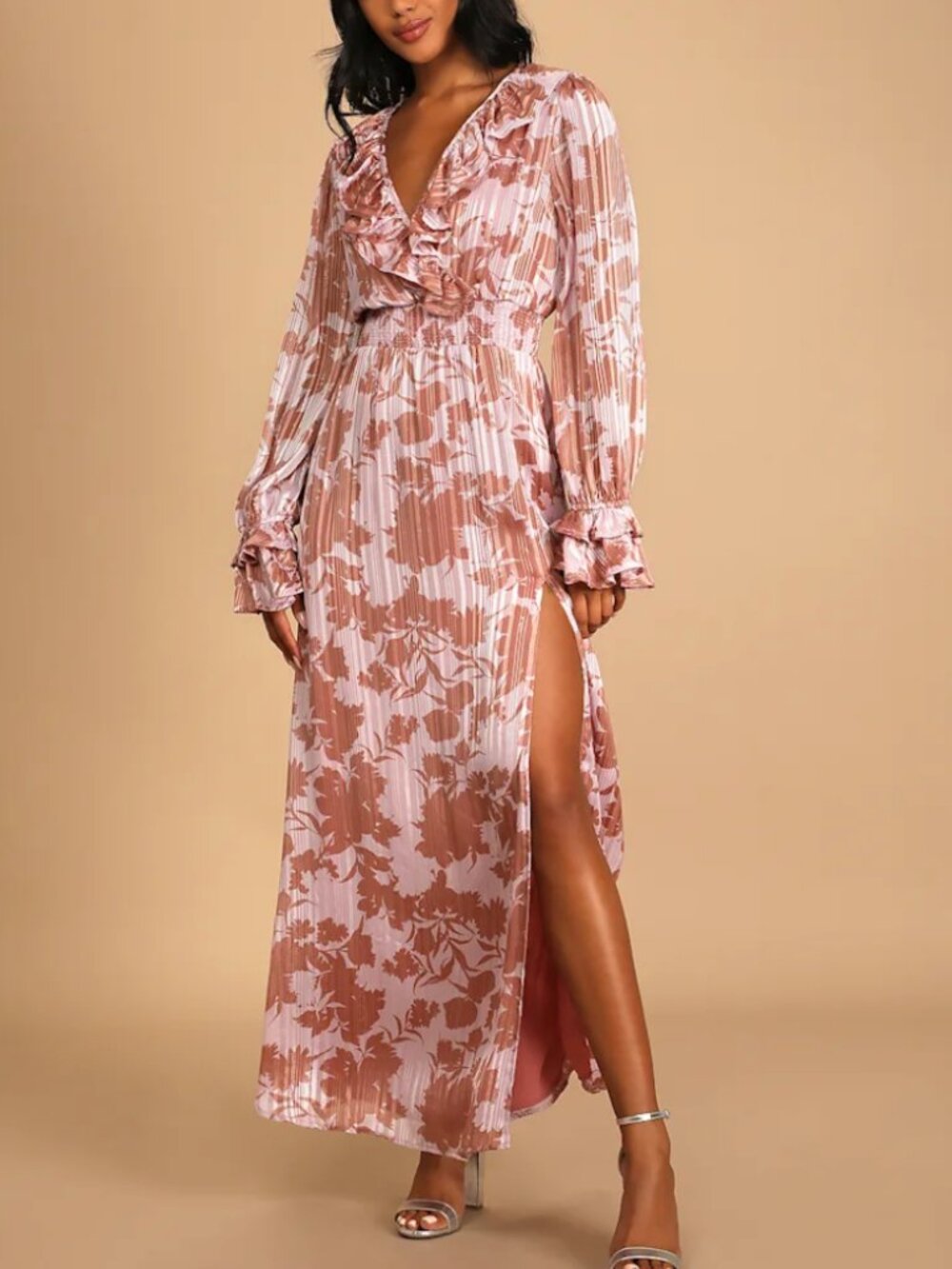 Lulus Ruffle Pastel Silver Stripe Longsleeve Flowy Maxi Dress